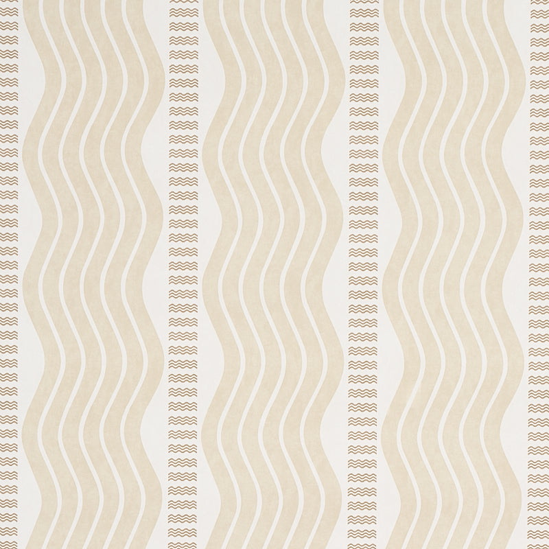 Sina Stripe wallpaper in sand by Schumacher, featuring large-scale wavy stripes in a neutral Art Deco-inspired design.