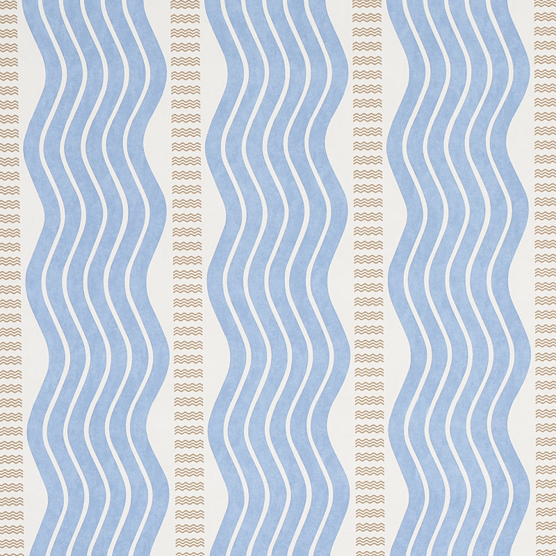 Sina Stripe blue Art Deco wave stripe wallpaper with textural weave from Schumacher Copacabana collection