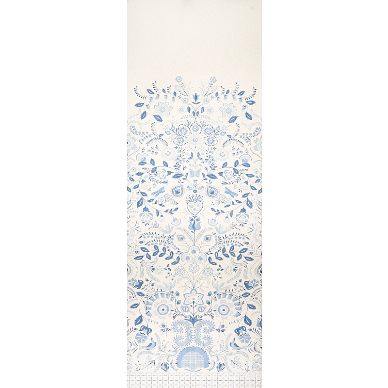 Orla Panel in blue and white with intricate folkloric floral and vine patterns by Schumacher.