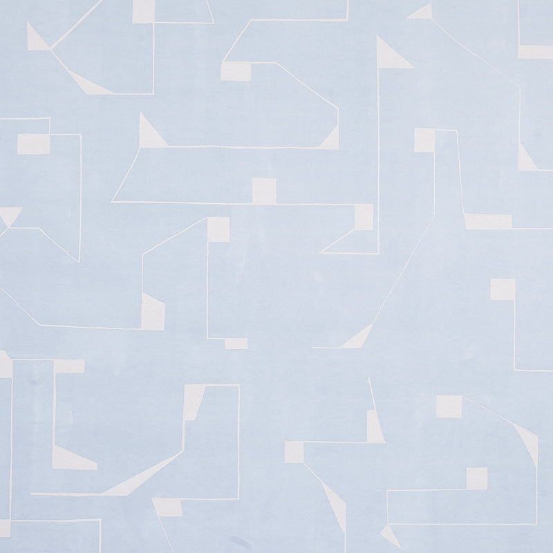 Circuit Sky by Porter Teleo for Schumacher - abstract geometric blue and white wallpaper in a modern bedroom setting