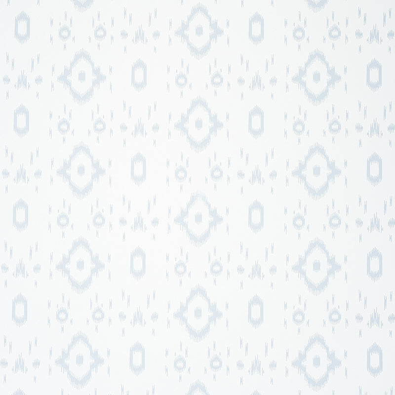 Tabitha Orpington Blue wallpaper by Schumacher, featuring a soft geometric ikat-inspired pattern in a serene blue and white colorway.