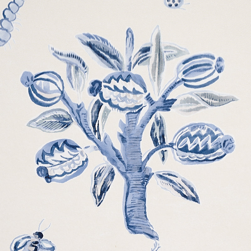 Magical Menagerie Blues by Schumacher Painterly Flora and Fauna Wallpaper – Schumacher 5012212