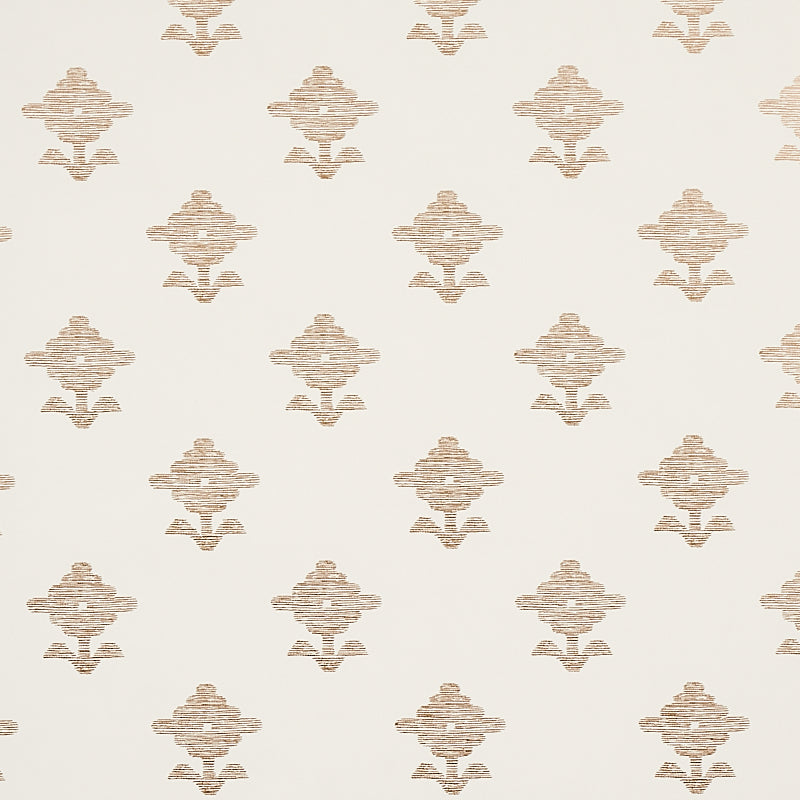 Rubia Ivory wallpaper by Schumacher featuring stylized floral motifs with fine linework and a subtle metallic sheen, shown in a bathroom setting.