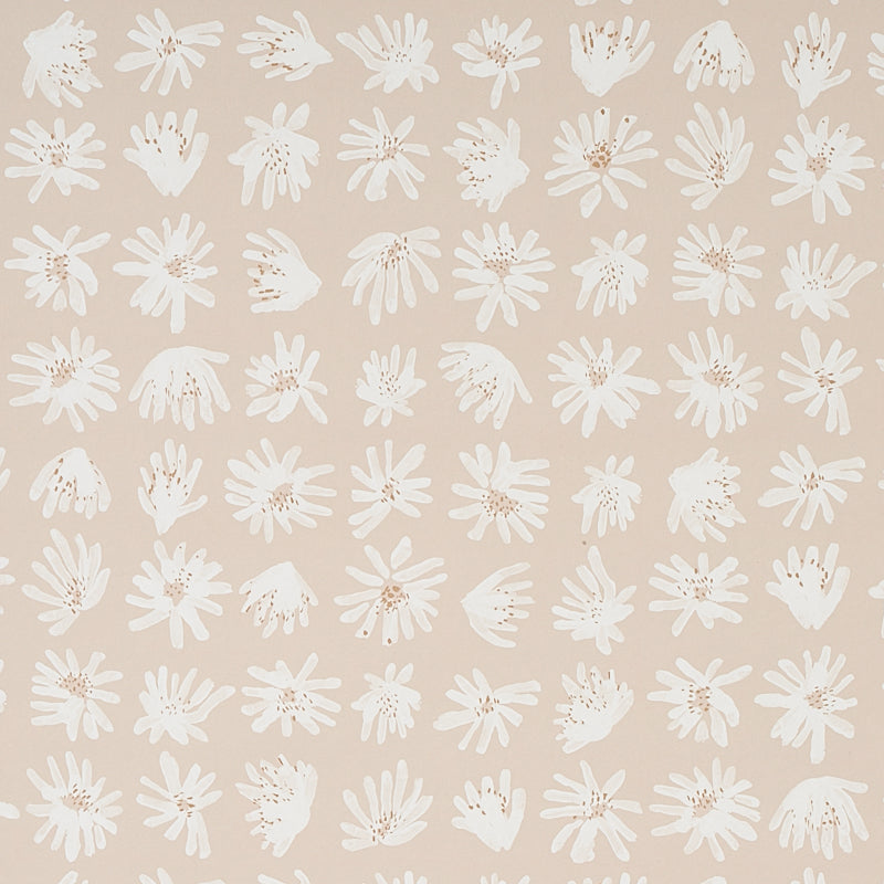 Meadow Rock wallpaper by Caroline Z Hurley for Schumacher, featuring hand-painted neutral floral motifs in a neat, artful arrangement.