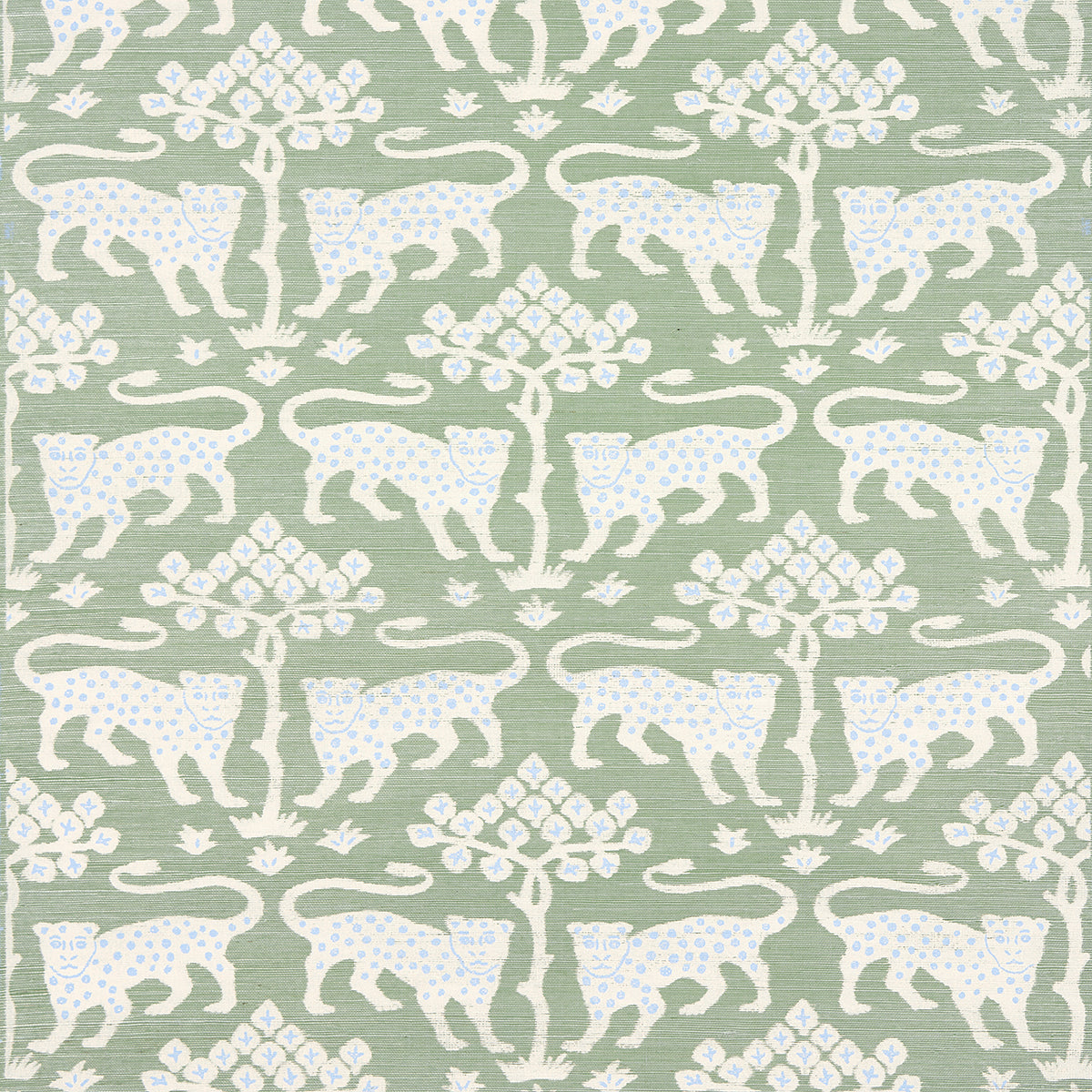 Woodland Leopard Sisal wallpaper in Seaglass by Schumacher, featuring a hand-drawn leopard and tree motif on textured sisal.