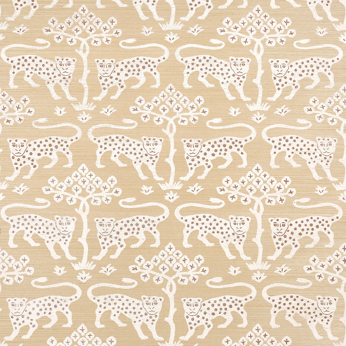 Woodland Leopard Sisal wallpaper in oatmeal colorway, featuring hand-drawn leopards and trees on textured Haruki Sisal, by Schumacher.