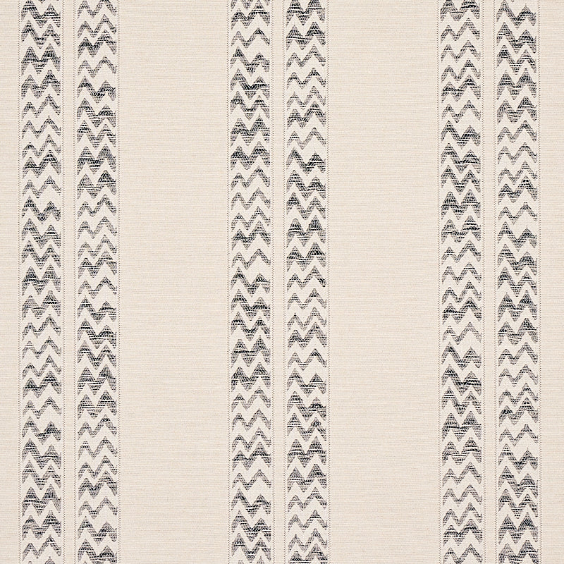 Kudu Stripe wallpaper in black by Schumacher, featuring alternating irregular stripes and chevrons with a jacquard weave texture.