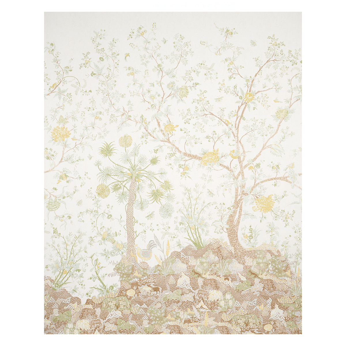 Amaltas Panel Set wallpaper in green and yellow with exotic flowers and animals, shown installed in a living room setting.
