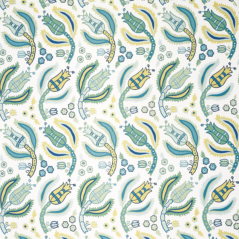 Malabar Vine wallpaper in Peacock by Schumacher, Ottoman-inspired botanical pattern in blue, green, and yellow on white background.