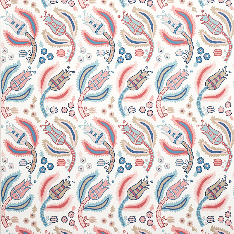 Malabar Vine wallpaper in Rose & Delft by Schumacher, featuring Ottoman-inspired floral vines in pink, blue, and taupe on a white background.