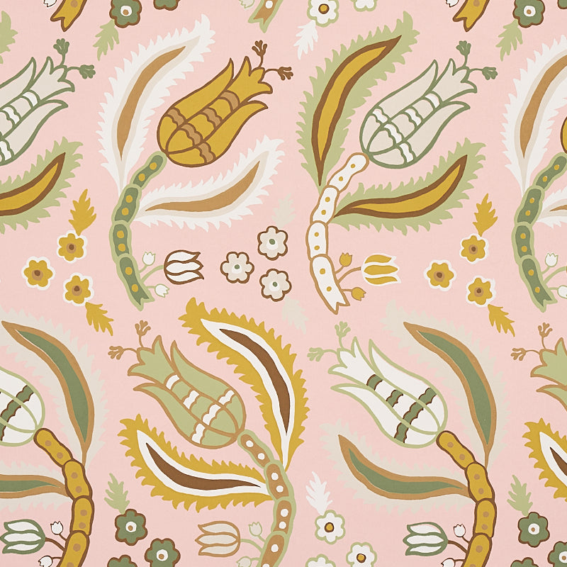 Malabar Vine Blush by Schumacher Ottoman-Inspired Botanical Wallpaper – Schumacher 5012342