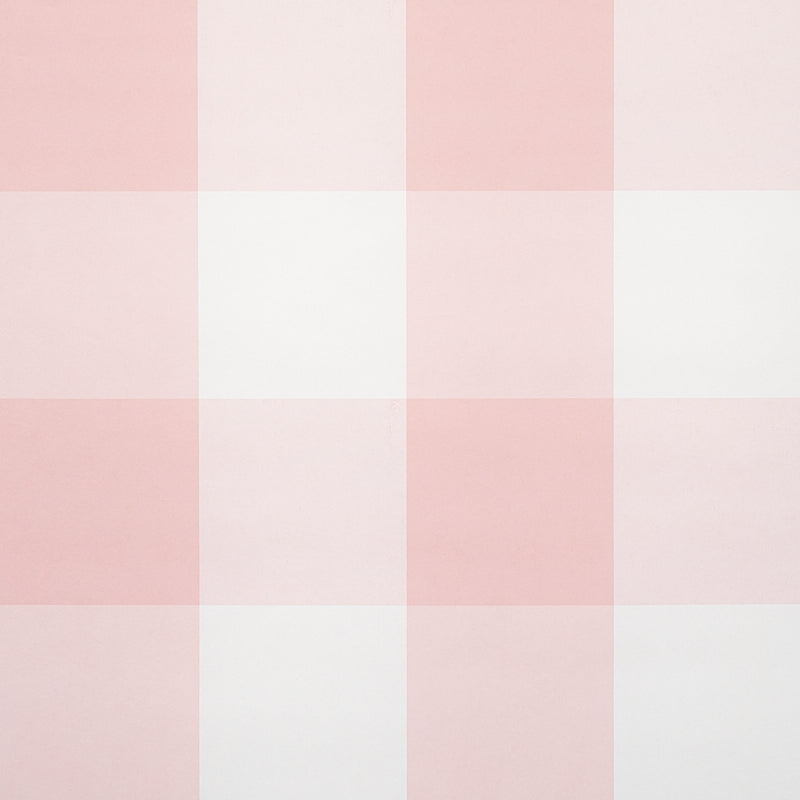 Willa Check Large in pink by Schumacher, a playful oversized gingham plaid wallpaper shown in a styled bedroom and detail views.