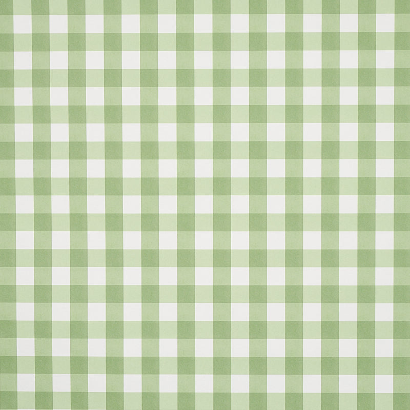 Willa Check Small in Leaf by Schumacher - a modern green and white gingham plaid wallpaper, shown in room and detail views.