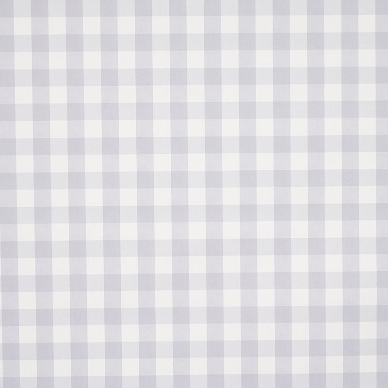 Willa Check Small lavender gingham plaid wallpaper by Schumacher, shown in a modern kitchen and as a close-up of the pattern.