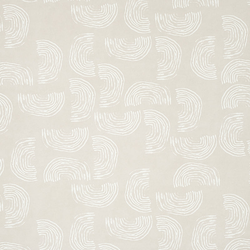 Quansoo wallpaper in ivory on neutral by Caroline Z Hurley for Schumacher, featuring painterly rainbow-shaped curves in a modern bedroom setting.
