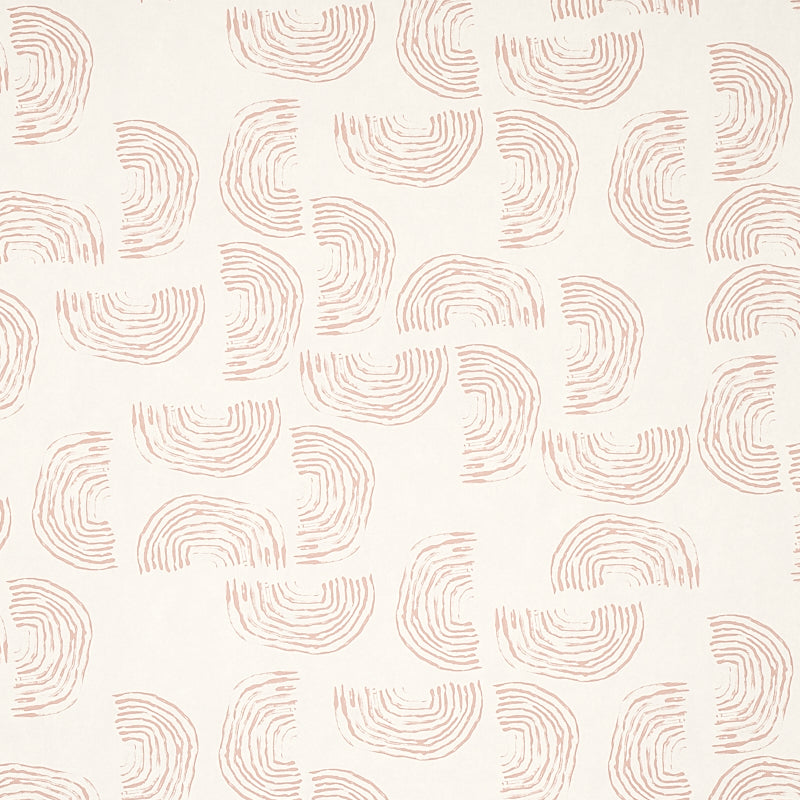 Quansoo wallpaper in coral on ivory by Caroline Z Hurley for Schumacher, featuring painterly rainbow-shaped curves.