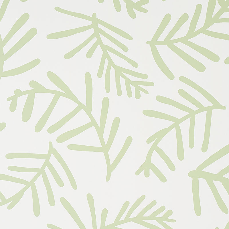 TIAH COVE wallpaper in Sage Leaf by Caroline Z Hurley for Schumacher, modern botanical wallcovering with abstract green leaf pattern.