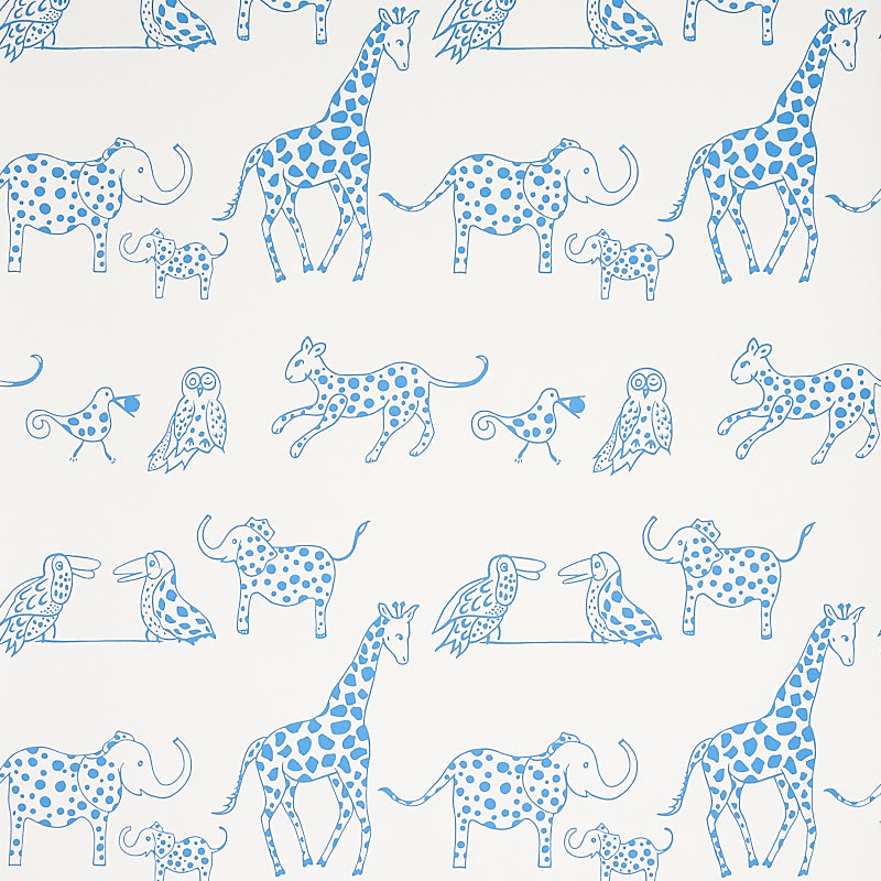 Jungle Jubilee blue wallpaper featuring hand-drawn exotic animals in a playful, mid-sized pattern by Schumacher.