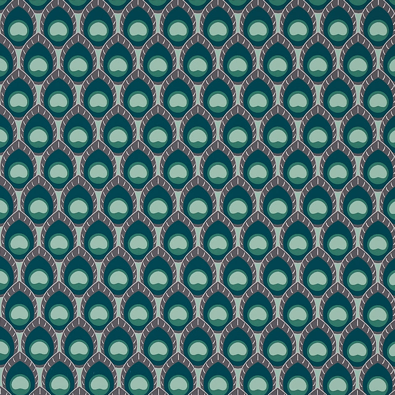 Dawnridge Sage by Cristina Buckley for Schumacher, geometric peacock feather-inspired wallpaper in green and teal tones, shown in a styled interior and close-up views.