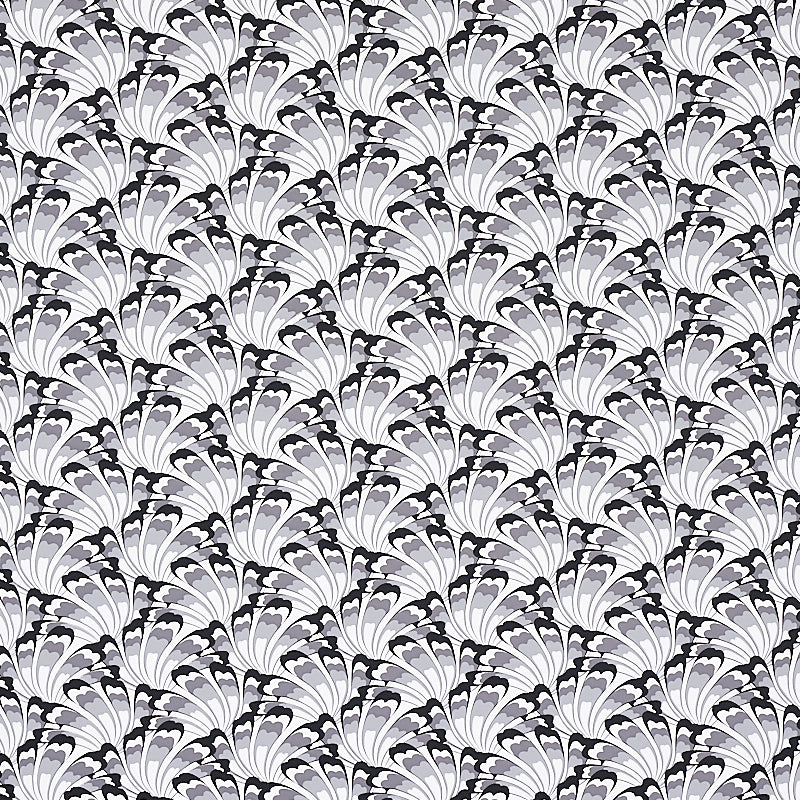 GOTHAM SWING wallpaper in charcoal by Schumacher, featuring an Art Deco-inspired fan pattern in shades of grey and black.