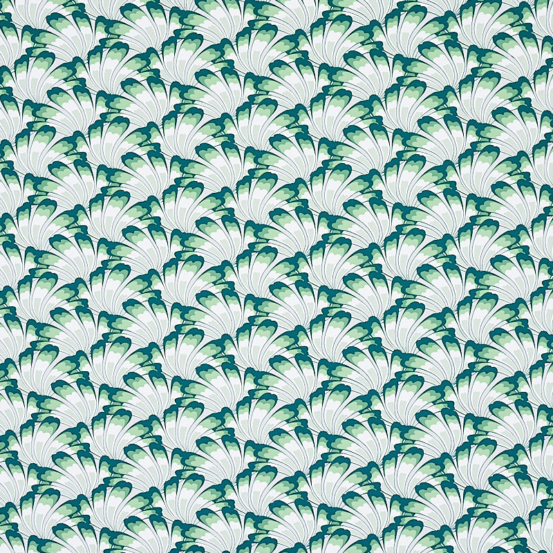 GOTHAM SWING wallpaper in Sage by Schumacher, featuring an Art Deco-inspired fan pattern in green and white tones, shown in detail and installed in a modern interior.
