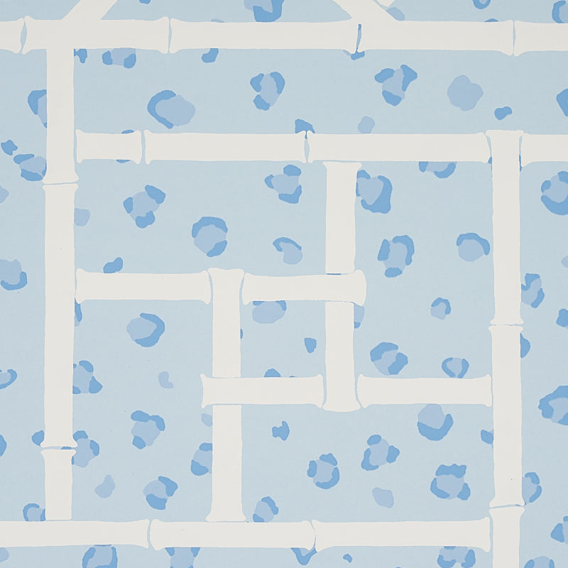 Fancy Beast Sky Blue by Cristina Buckley Hollywood Regency Leopard Trellis Wallpaper – Schumacher 5012562