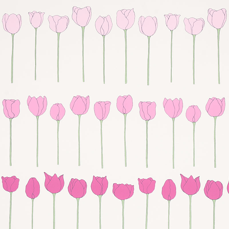 Edie wallpaper in Pink Ladies by Cristina Buckley for Schumacher, featuring rows of stylized pink flowers on a light background.