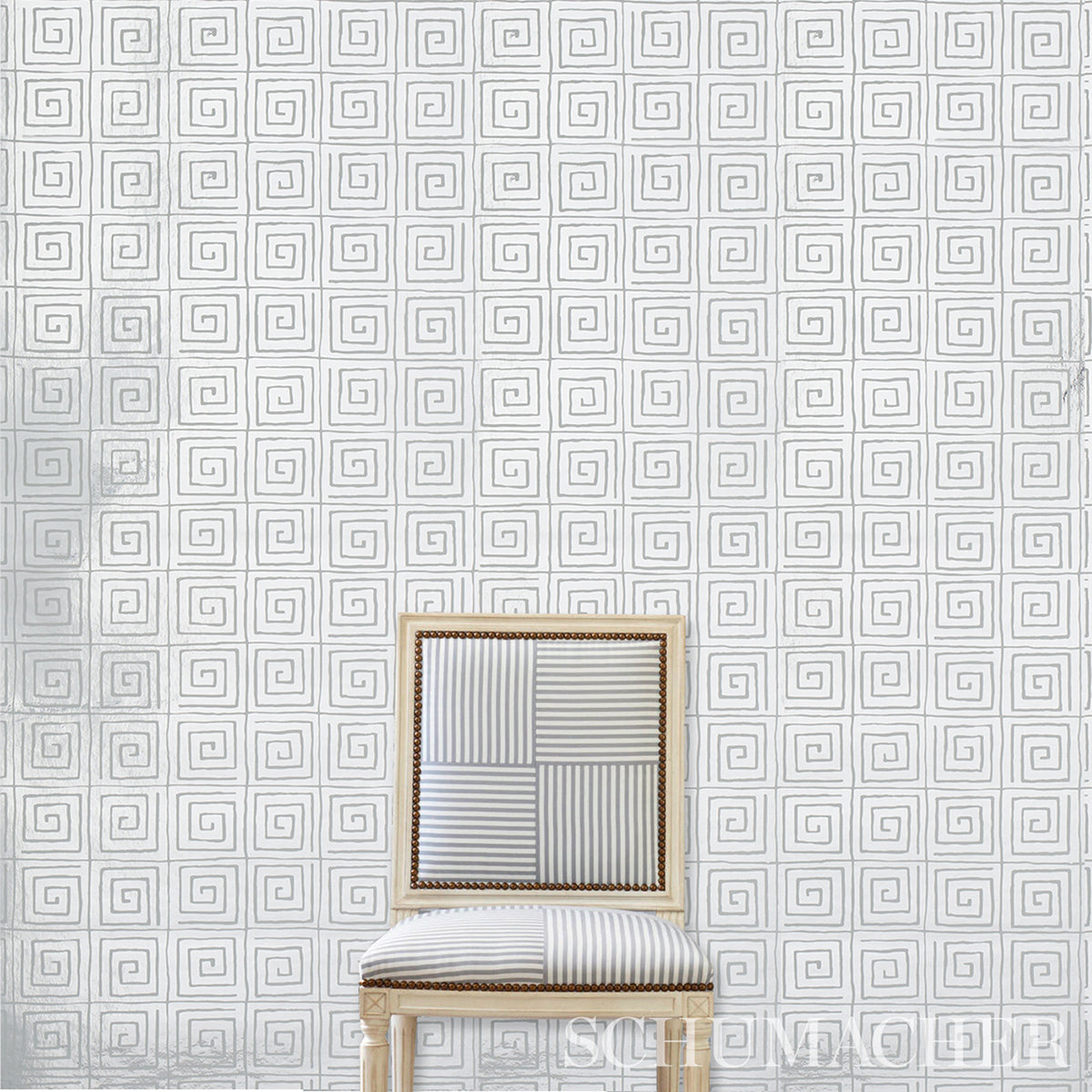 Trousdale Metallic Platinum Blanc by Cristina Buckley Greek Key Wallpaper – Schumacher 5012590