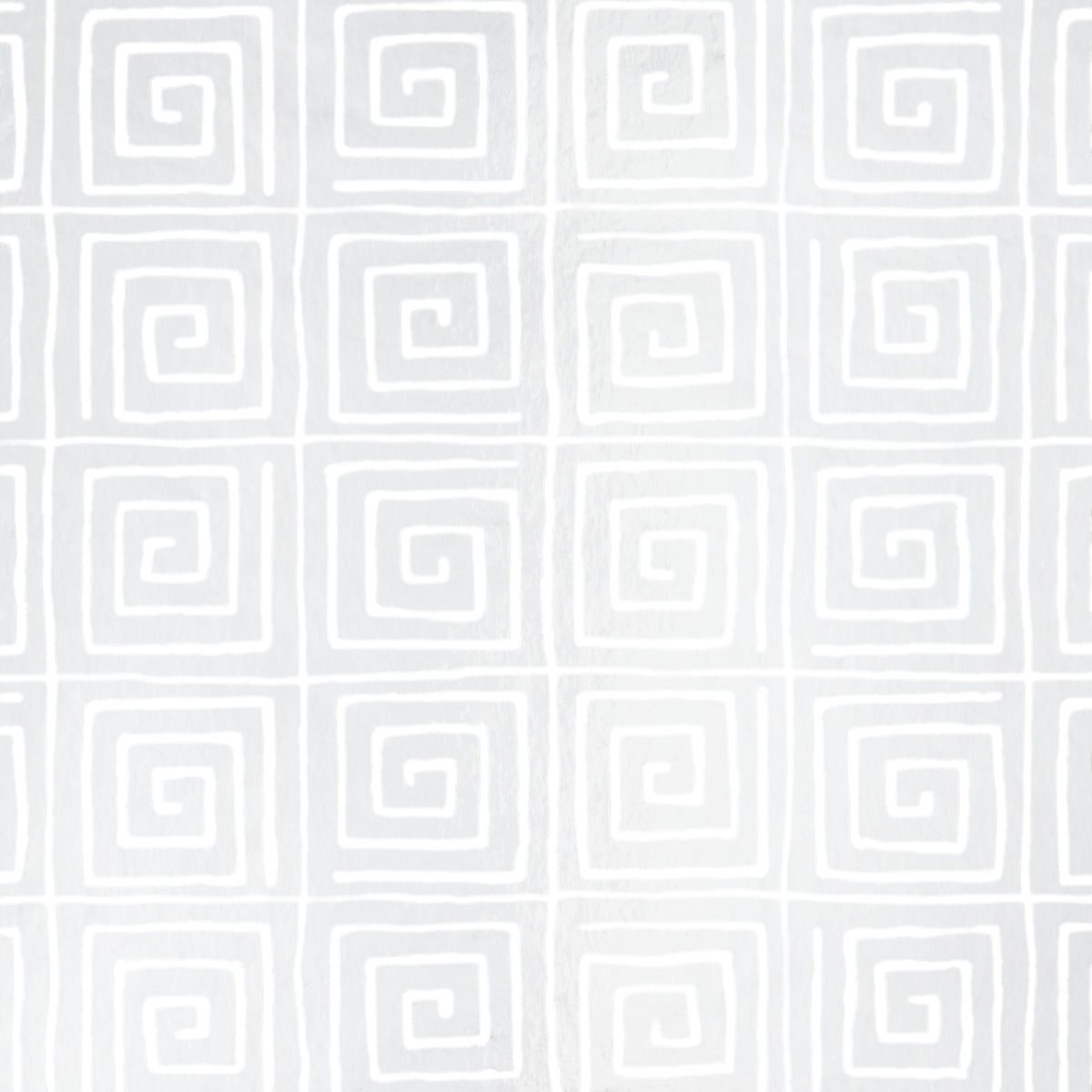 Trousdale Metallic wallpaper in Platinum Blanc by Cristina Buckley for Schumacher, featuring a Greek key pattern with a shiny mylar finish.