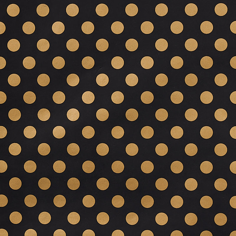 Lady wallpaper by Cristina Buckley for Schumacher in black and gold polka dot pattern, shown in room and close-up views.