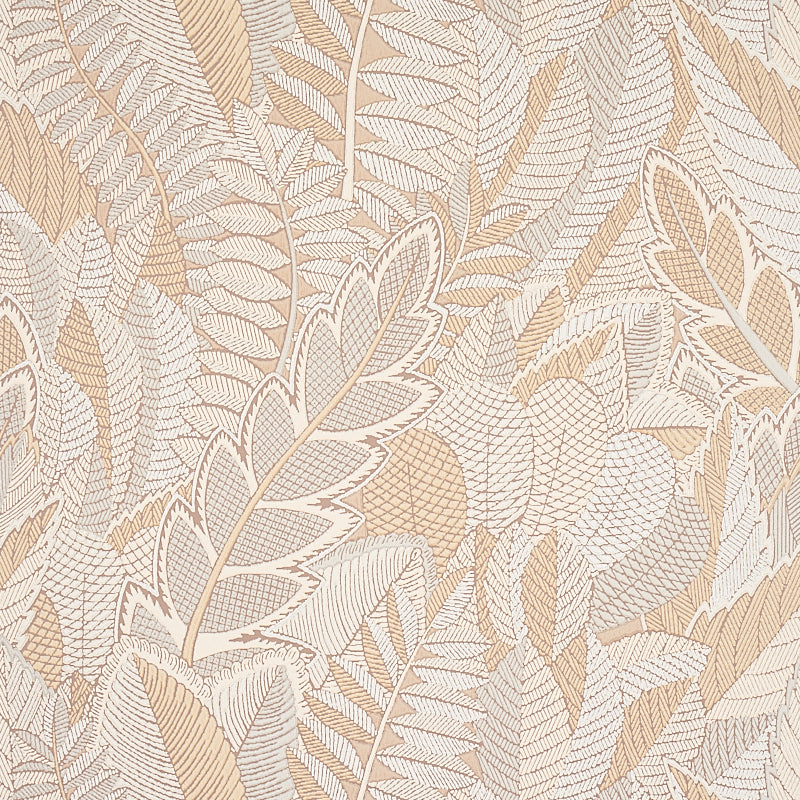 Japura Forest wallpaper in a neutral colorway featuring a dense, large-scale botanical leaf pattern, styled in a modern living space.