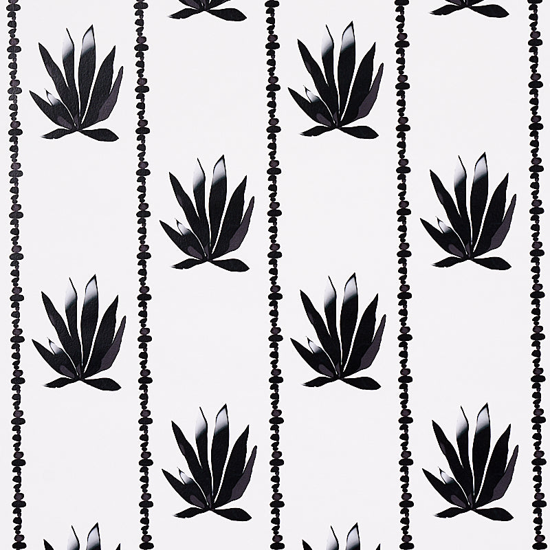 Agave Stripe parchment-colored wallpaper with stylized agave motif in painterly, pebbled stripes by Schumacher, shown in a modern interior setting.