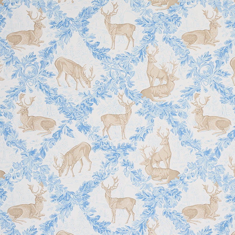 Woburn Meadow wallpaper in Ice by Schumacher, featuring a rustic stag and oak leaf trellis pattern in blue and beige tones.