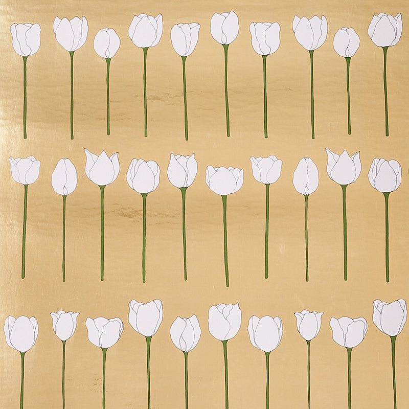 Edie Metallic wallpaper in Glam Gold by Cristina Buckley for Schumacher, featuring white tulip silhouettes on a shiny gold background.