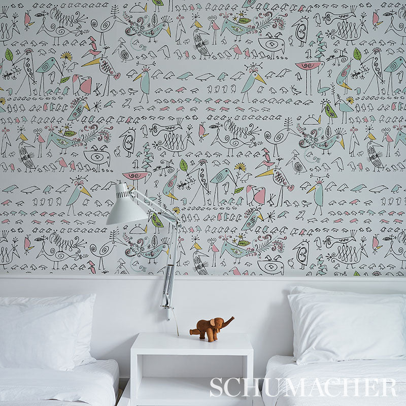 Aviary Soft Multi by Schumacher Whimsical Bird Wallpaper – Schumacher 5012780