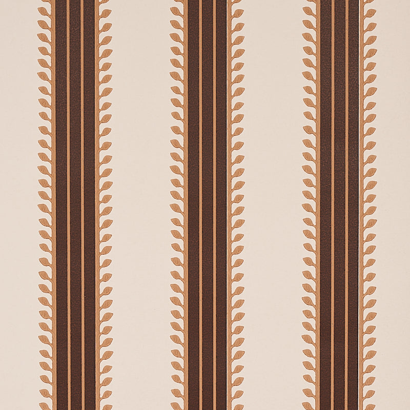 Etruscan Stripe brown wallpaper with multicolored, multiwidth bands and textural details, shown in a styled interior and close-up views.