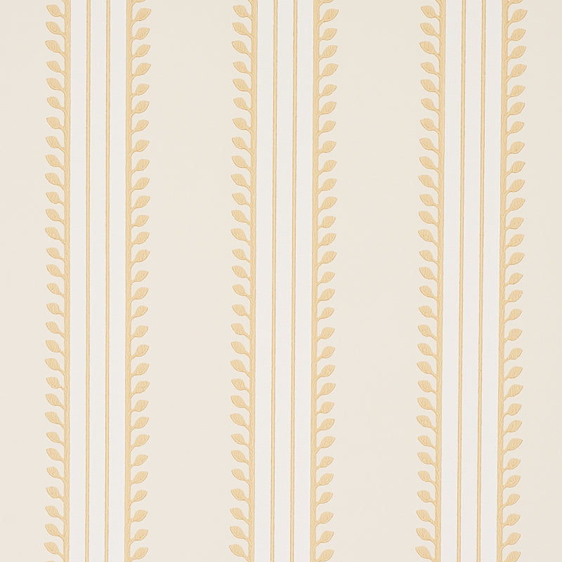 Etruscan Stripe wallpaper in ivory and ochre by Schumacher, featuring multicolored, multiwidth bands and textural details in a classic stripe pattern.