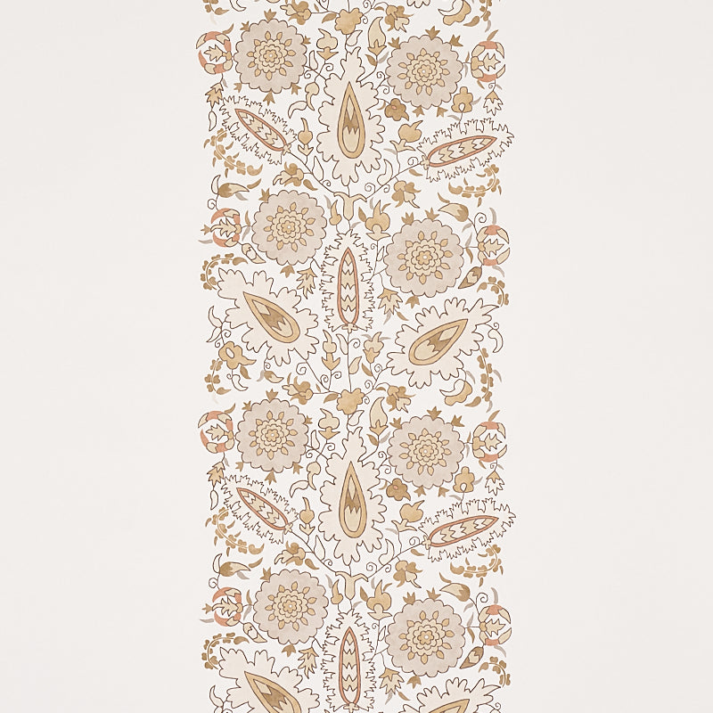 Anatolia wallpaper in natural colorway featuring an elegant, asymmetrical arrangement of stylized leaves and flowers inspired by traditional suzani motifs. Part of the Cabana collection by Schumacher.