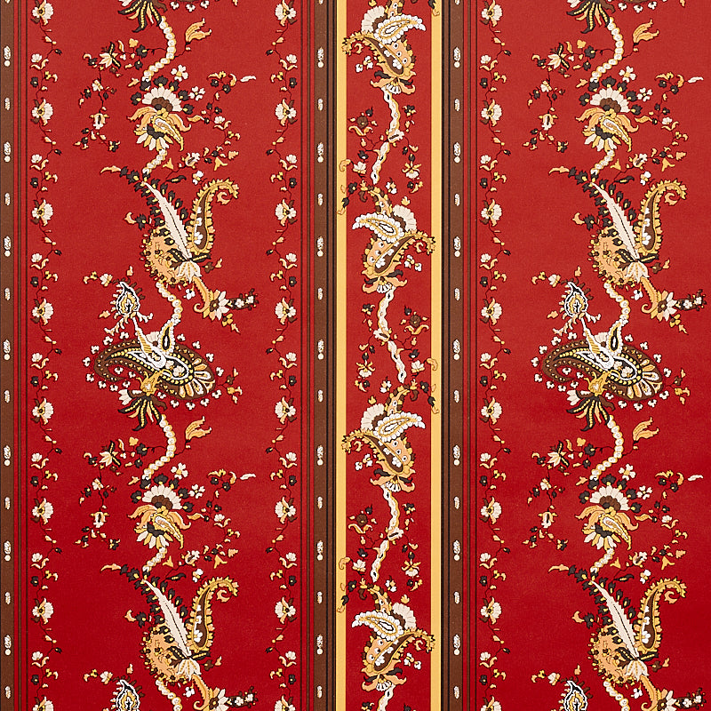 Elena Paisley Stripe wallpaper in Pompeii by Schumacher, featuring a detailed gravure-printed paisley stripe in red and gold tones.