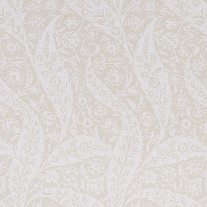 Saz Paisley Ivory wallpaper by Schumacher, large-scale two-tone paisley pattern, Cabana collection, shown in styled and detail views.