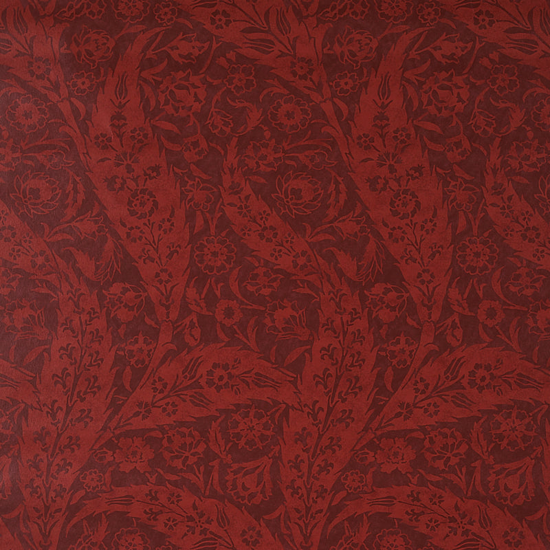 Saz Paisley wallpaper in burgundy by Schumacher, large-scale two-tone paisley pattern, Cabana collection, styled in interior setting.