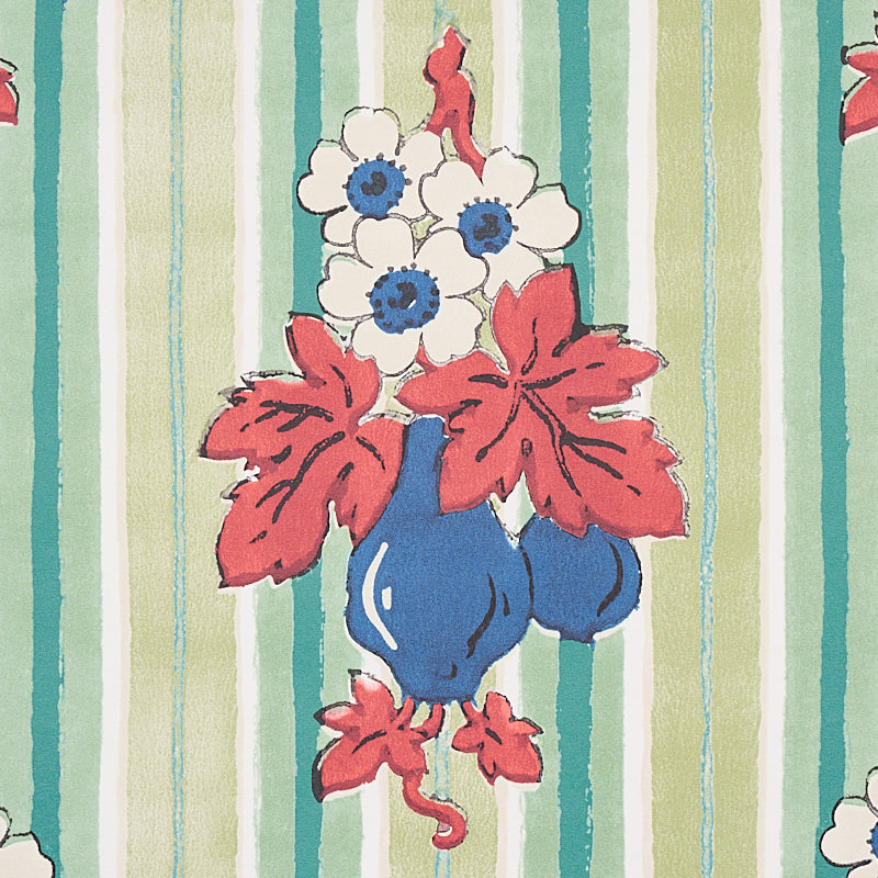 Turnip Mint by Schumacher Cabana Collection Vintage Floral Stripe Wallpaper – Schumacher 5012910