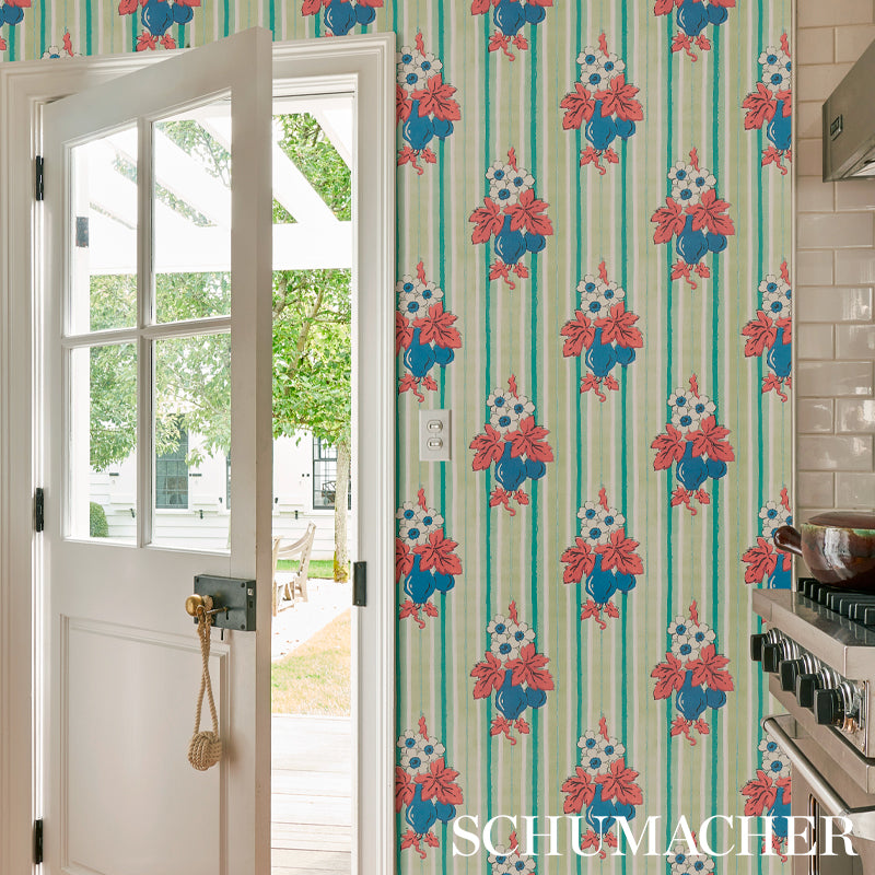 Turnip Mint by Schumacher Cabana Collection Vintage Floral Stripe Wallpaper – Schumacher 5012910