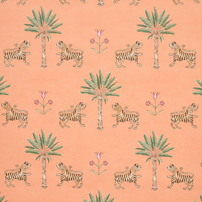 Tiger Palm wallpaper in crimson on peach with stylized tigers, palm trees, and Ottoman flowers, Mystique collection by Schumacher.