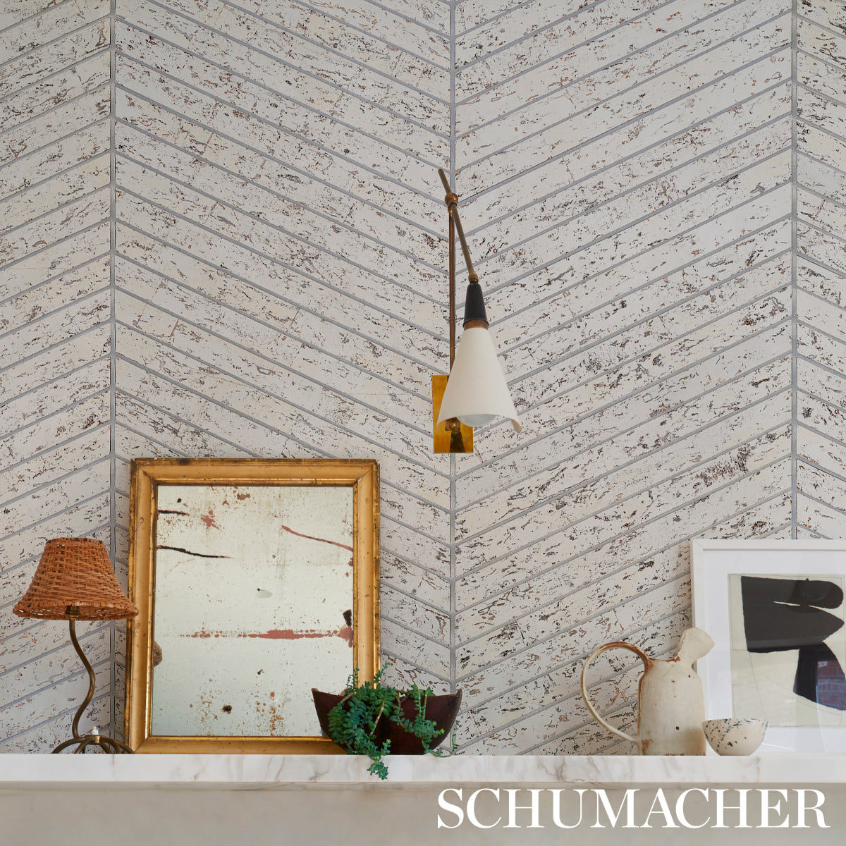 Cork Herringbone White by Schumacher Modern Textured Wallcovering – Schumacher 5013010