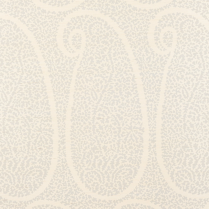Ambala Paisley Sisal wallpaper in Slate by Schumacher, large-scale paisley pattern printed on sisal grasscloth wallcovering.