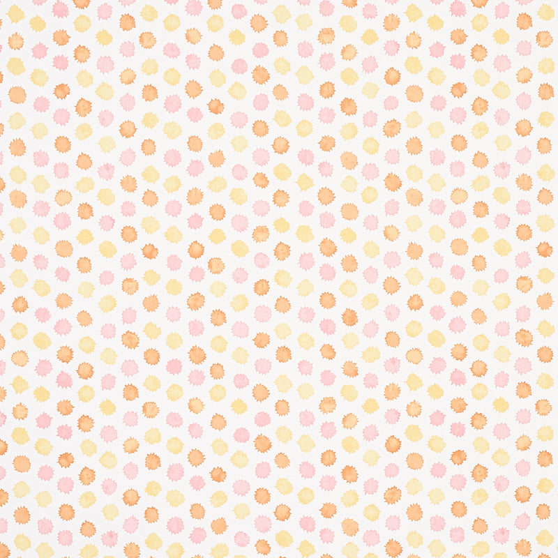 Mini Bursts wallpaper in yellow and pink by Celerie Kemble for Schumacher, featuring a playful watercolor polka dot pattern.
