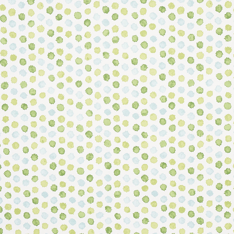 Mini Bursts wallpaper in green and blue by Schumacher, featuring a playful polka dot watercolor pattern designed by Celerie Kemble.
