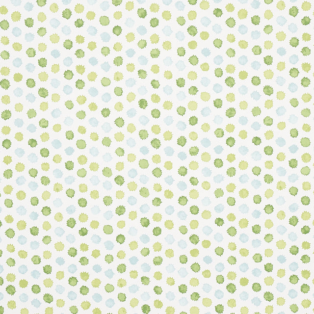 Mini Bursts wallpaper in green and blue by Schumacher, featuring a playful polka dot watercolor pattern designed by Celerie Kemble.