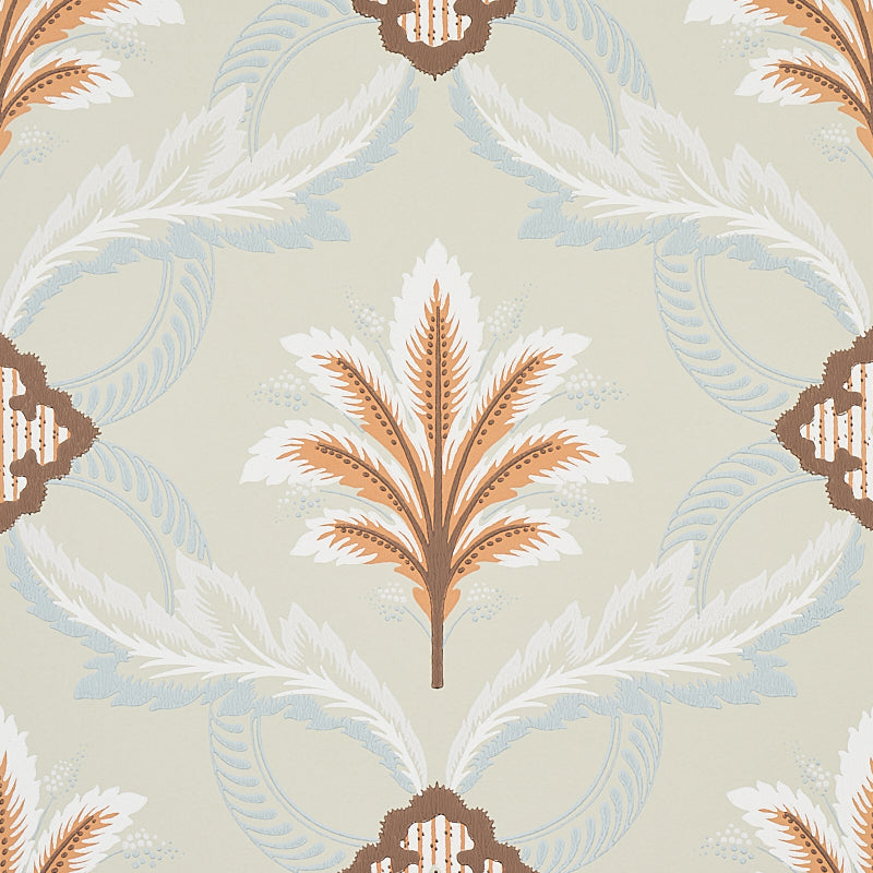 Front Waltz wallpaper in sage by Schumacher, featuring a stylized trelliswork of leaves, flowers, and palm plumes in a soft, elegant pattern.